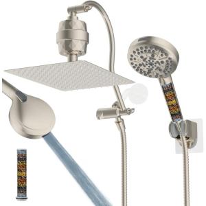 imageHibbent All Metal Shower Head 10 High Pressure Rainfall Shower HeadHandheld Showerhead Combo with 12 Adjustable Curved Shower Extension Arm 7Spray 71 Shower Hose Shower Head Holder ChromeBrushed Nickel Finished