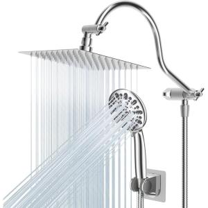 imageHibbent All Metal Shower Head 10 High Pressure Rainfall Shower HeadHandheld Showerhead Combo with 12 Adjustable Curved Shower Extension Arm 7Spray 71 Shower Hose Shower Head Holder ChromeChrome