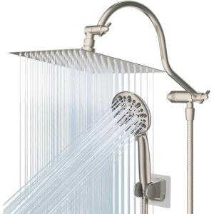 imageHibbent All Metal Shower Head 10 High Pressure Rainfall Shower HeadHandheld Showerhead Combo with 12 Adjustable Curved Shower Extension Arm 7Spray 71 Shower Hose Shower Head Holder ChromeBrushed Nickel