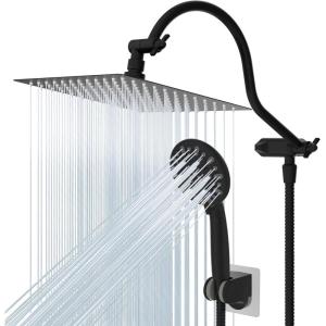 imageHibbent All Metal Shower Head 10 High Pressure Rainfall Shower HeadHandheld Showerhead Combo with 12 Adjustable Curved Shower Extension Arm 7Spray 71 Shower Hose Shower Head Holder ChromeMatte Black