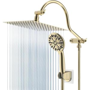 imageHibbent All Metal Shower Head 10 High Pressure Rainfall Shower HeadHandheld Showerhead Combo with 12 Adjustable Curved Shower Extension Arm 7Spray 71 Shower Hose Shower Head Holder ChromePolished Brass