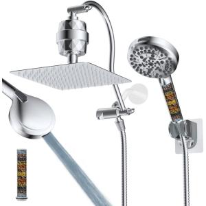 imageHibbent All Metal Shower Head 10 High Pressure Rainfall Shower HeadHandheld Showerhead Combo with 12 Adjustable Curved Shower Extension Arm 7Spray 71 Shower Hose Shower Head Holder ChromeChrome Finished