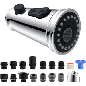 imageHibbent Kitchen Faucet Head Replacement with Pull Down Spray Head 3 Function Faucet Sprayer Nozzle  15 Adapters Compatible with Moen American Standard Delta Kohler  Brushed NickelChrome Finished
