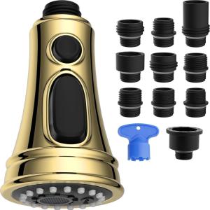 imageHibbent Kitchen Faucet Head Replacement with Pull Down Spray Head 3 Function Faucet Sprayer Nozzle  15 Adapters Compatible with Moen American Standard Delta Kohler  Brushed NickelPolished Brass