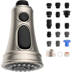 imageHibbent Kitchen Faucet Head Replacement with Pull Down Spray Head 3 Function Faucet Sprayer Nozzle  15 Adapters Compatible with Moen American Standard Delta Kohler  Brushed NickelBrushed Nickel