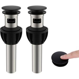 imageHibbent 2 Pack Universal Bathroom Sink Drain Stopper Pop Up Drain Strainer with Overflow Push and Seal Sink Plug with Basket for Lavatory Vanity Vessel AntiClogging Strainer Matte BlackMatte Black Finish