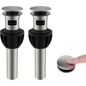 imageHibbent 2 Pack Universal Bathroom Sink Drain Stopper Pop Up Drain Strainer with Overflow Push and Seal Sink Plug with Basket for Lavatory Vanity Vessel AntiClogging Strainer Matte BlackBrushed Nickel Finish