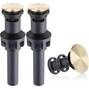 imageHibbent 2 Pack Universal Bathroom Sink Drain Stopper Pop Up Drain Strainer with Overflow Push and Seal Sink Plug with Basket for Lavatory Vanity Vessel AntiClogging Strainer Matte BlackBrushed Gold