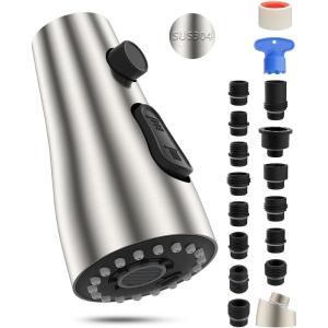 imageHibbent Pull Down Kitchen Faucet Head Replacement 3Function Kitchen Faucet Head Sink Spray Nozzle with 12 Adapters Compatible with Moen American Standard Delta Kohler Faucets Brushed NickelBrushed Nickel Finished