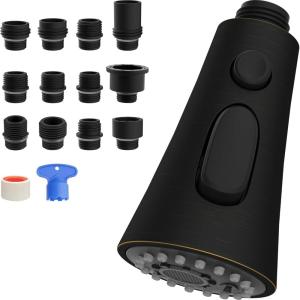 imageHibbent Pull Down Kitchen Faucet Head Replacement 3Function Kitchen Faucet Head Sink Spray Nozzle with 12 Adapters Compatible with Moen American Standard Delta Kohler Faucets Brushed NickelOil Rubbed Bronze