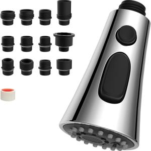 imageHibbent Pull Down Kitchen Faucet Head Replacement 3Function Kitchen Faucet Head Sink Spray Nozzle with 12 Adapters Compatible with Moen American Standard Delta Kohler Faucets Brushed NickelChrome