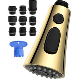 imageHibbent Pull Down Kitchen Faucet Head Replacement 3Function Kitchen Faucet Head Sink Spray Nozzle with 12 Adapters Compatible with Moen American Standard Delta Kohler Faucets Brushed NickelPolished Brass