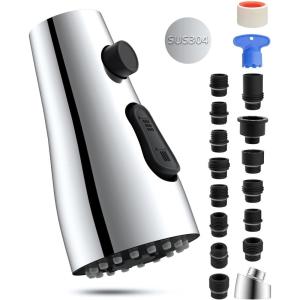 imageHibbent Pull Down Kitchen Faucet Head Replacement 3Function Kitchen Faucet Head Sink Spray Nozzle with 12 Adapters Compatible with Moen American Standard Delta Kohler Faucets Brushed NickelChrome Finished