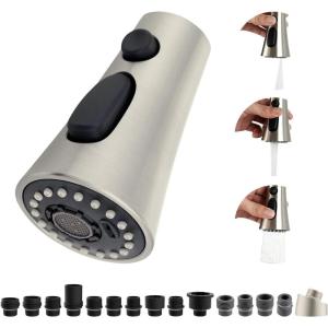 imageHibbent Pull Down Kitchen Faucet Head Replacement 3Function Kitchen Faucet Head Sink Spray Nozzle with 12 Adapters Compatible with Moen American Standard Delta Kohler Faucets Brushed NickelBrushed Nickel