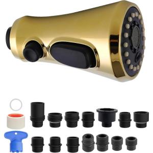 imageHibbent Pull Down Kitchen Faucet Head Replacement 3Function Kitchen Sink Spray Nozzle with 15 Adapters Compatible with Moen American Standard Delta Kohler Faucets Chrome Shiny SilverPolished Brass
