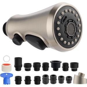 imageHibbent Pull Down Kitchen Faucet Head Replacement 3Function Kitchen Sink Spray Nozzle with 15 Adapters Compatible with Moen American Standard Delta Kohler Faucets Chrome Shiny SilverBrushed Nickel