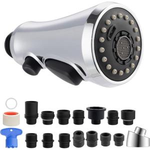 imageHibbent Pull Down Kitchen Faucet Head Replacement 3Function Kitchen Sink Spray Nozzle with 15 Adapters Compatible with Moen American Standard Delta Kohler Faucets Chrome Shiny SilverChrome