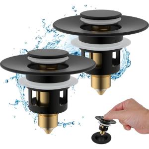 imageHibbent All Metal Universal Bathroom Sink Stopper for 1123 Basin Pop Up Sink Drain Strainer Brass Bullet Core Push Type Stopper Stainless Steel Anti Clogging Drain Filter ChromeMatte Black Finish