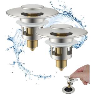 imageHibbent All Metal Universal Bathroom Sink Stopper for 1123 Basin Pop Up Sink Drain Strainer Brass Bullet Core Push Type Stopper Stainless Steel Anti Clogging Drain Filter ChromeBrushed Nickel Finish