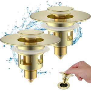 imageHibbent All Metal Universal Bathroom Sink Stopper for 1123 Basin Pop Up Sink Drain Strainer Brass Bullet Core Push Type Stopper Stainless Steel Anti Clogging Drain Filter ChromeBrushed Gold