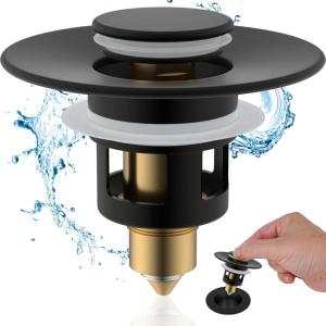 imageHibbent All Metal Universal Bathroom Sink Stopper for 1123 Basin Pop Up Sink Drain Strainer Brass Bullet Core Push Type Stopper Stainless Steel Anti Clogging Drain Filter ChromeMatte Black