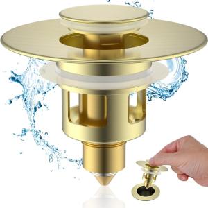 imageHibbent All Metal Universal Bathroom Sink Stopper for 1123 Basin Pop Up Sink Drain Strainer Brass Bullet Core Push Type Stopper Stainless Steel Anti Clogging Drain Filter ChromeBrushed Gold Finish