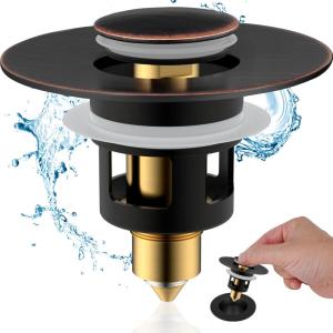 imageHibbent All Metal Universal Bathroom Sink Stopper for 1123 Basin Pop Up Sink Drain Strainer Brass Bullet Core Push Type Stopper Stainless Steel Anti Clogging Drain Filter ChromeOil Rubbed Bronze