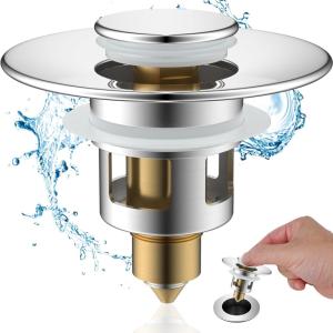 imageHibbent All Metal Universal Bathroom Sink Stopper for 1123 Basin Pop Up Sink Drain Strainer Brass Bullet Core Push Type Stopper Stainless Steel Anti Clogging Drain Filter ChromeChrome
