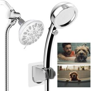 imageHibbent Dog Sprayer Attachment Set for Pet Bathing and Dog Washing with 119 Inch Hose Brass Shower Arm Diverter Valve Handheld Shower Head Bathroom Hose Sprayer Head Kit