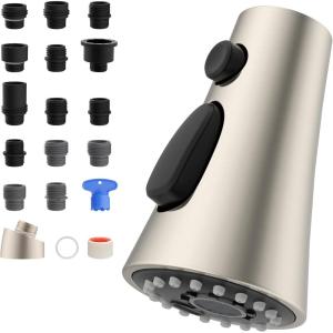 imageHibbent Metal Pull Down Spray Head for Kitchen Faucet Kitchen Sink Spray Nozzle with 15 Adapters Faucet Head Replacement Compatible with Moen American Standard Delta Kohler Faucet Brushed NickelBrushed Nickel
