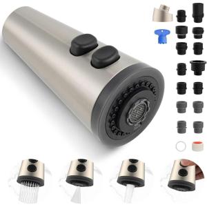 imageHibbent Pull Down Faucet Head Replacement 4Function Kitchen Sink Spray Nozzle Replacement with 15 Adapters Compatible with Moen American Standard Delta Kohler Faucets Brushed NickelBrushed Nickel