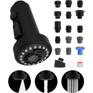 imageHibbent Stainless Steels Pull Down Kitchen Faucet Head Replacement 3 Function Sink Faucet Sprayer Head with 15 Adapters Compatible with Moen American Standard Delta Kohler Faucets ChromeMatte Black