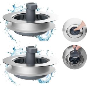 imageHibbent Upgraded 3 in 1 Kitchen Sink Drain Strainer and Stopper Combo Stainless Steel Metal Pop Up Sink Stopper AntiClogging Basket with Foldable Handle for US Standard 312 Inch Drain2P Stainlesswrap Shell with 1 Strainer