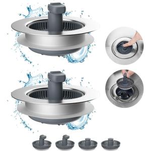 imageHibbent Upgraded 3 in 1 Kitchen Sink Drain Strainer and Stopper Combo Stainless Steel Metal Pop Up Sink Stopper AntiClogging Basket with Foldable Handle for US Standard 312 Inch Drain2PABS Drain Part with 3 Strainers