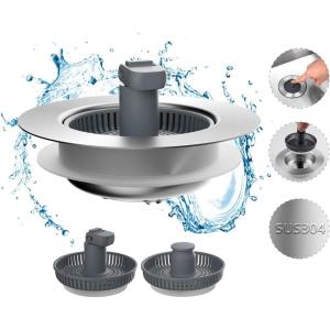 imageHibbent Upgraded 3 in 1 Kitchen Sink Drain Strainer and Stopper Combo Stainless Steel Metal Pop Up Sink Stopper AntiClogging Basket with Foldable Handle for US Standard 312 Inch DrainSUS304 Drain Part with 3 Strainers