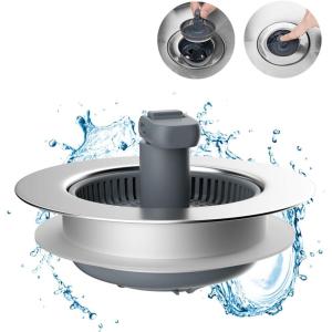 imageHibbent Upgraded 3 in 1 Kitchen Sink Drain Strainer and Stopper Combo Stainless Steel Metal Pop Up Sink Stopper AntiClogging Basket with Foldable Handle for US Standard 312 Inch DrainStainlesswrap Shell with 1 Strainer