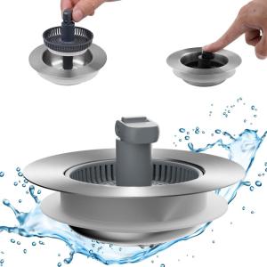 imageHibbent Upgraded 3 in 1 Kitchen Sink Drain Strainer and Stopper Combo Stainless Steel Metal Pop Up Sink Stopper AntiClogging Basket with Foldable Handle for US Standard 312 Inch DrainStainless Steel with 1 Strainer