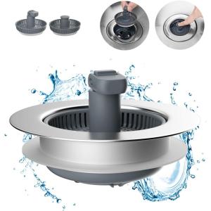 imageHibbent Upgraded 3 in 1 Kitchen Sink Drain Strainer and Stopper Combo Stainless Steel Metal Pop Up Sink Stopper AntiClogging Basket with Foldable Handle for US Standard 312 Inch DrainABS Drain Part with 3 Strainers