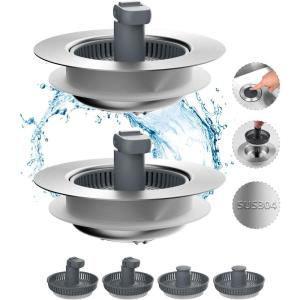 imageHibbent Upgraded 3 in 1 Kitchen Sink Drain Strainer and Stopper Combo Stainless Steel Metal Pop Up Sink Stopper AntiClogging Basket with Foldable Handle for US Standard 312 Inch Drain2PSUS304 Drain Part with 3 Strainers