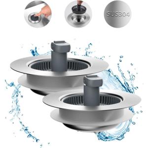 imageHibbent Upgraded 3 in 1 Kitchen Sink Drain Strainer and Stopper Combo Stainless Steel Metal Pop Up Sink Stopper AntiClogging Basket with Foldable Handle for US Standard 312 Inch Drain2PSUS304 Drain Part with 1 Strainer