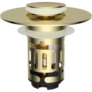imageHibbent 2 Pack 3 in 1 Bathroom Sink Drain Strainer Universal Pop Up Stopper with Removable Stainless Steel Filter Basket Hair Catcher Sink Plug for 11236 Basin Brass Bullet Core ChromeBrushed Gold