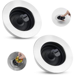 imageHibbent 3 in 1 Kitchen Sink Drain Strainer Stainless Steel Wrapped Shell Drain Stopper Combo Pop Up Sink Stopper AntiClogging Basket Strainer with Foldable Handle for US Standard 312quot DrainUpgraded Foldable Handle with 1 Strainer