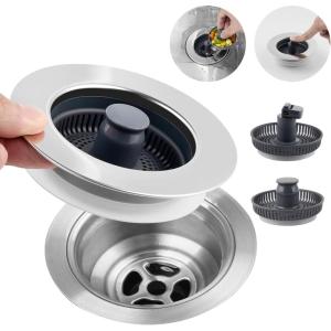 imageHibbent 3 in 1 Kitchen Sink Drain Strainer Stainless Steel Wrapped Shell Drain Stopper Combo Pop Up Sink Stopper AntiClogging Basket Strainer with Foldable Handle for US Standard 312quot DrainClassic Flat Round Handle with 3 Strainer