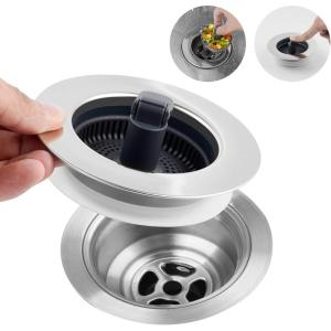 imageHibbent 3 in 1 Kitchen Sink Drain Strainer Stainless Steel Wrapped Shell Drain Stopper Combo Pop Up Sink Stopper AntiClogging Basket Strainer with Foldable Handle for US Standard 312quot DrainFoldable Handle with 1 Strainer
