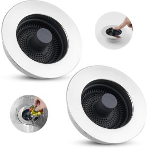 imageHibbent 3 in 1 Kitchen Sink Drain Strainer Stainless Steel Wrapped Shell Drain Stopper Combo Pop Up Sink Stopper AntiClogging Basket Strainer with Foldable Handle for US Standard 312quot DrainClassic Flat Round Handle with 1 Strainer
