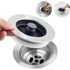 imageHibbent 3 in 1 Kitchen Sink Drain Strainer Stainless Steel Wrapped Shell Drain Stopper Combo Pop Up Sink Stopper AntiClogging Basket Strainer with Foldable Handle for US Standard 312quot DrainFlat Round Handle with 1 Strainer