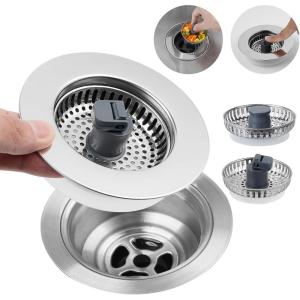 imageHibbent 3 in 1 Kitchen Sink Drain Strainer Stainless Steel Wrapped Shell Drain Stopper Combo Pop Up Sink Stopper AntiClogging Basket Strainer with Foldable Handle for US Standard 312quot DrainUpgraded Foldable Handle with 3 SUS304 Strainers