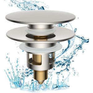 imageHibbent All Metal 2 in 1 Bathroom Sink Stopper Universal Pop Up Drain Strainer Brass Bullet Core Push Type Sink Stopper for 1123 Basin Big Push Button Anti Clogging Drain Filter ChromeBrushed Nickel
