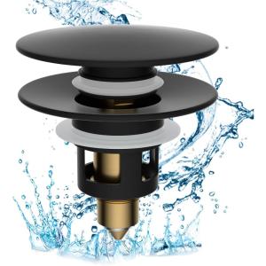 imageHibbent All Metal 2 in 1 Bathroom Sink Stopper Universal Pop Up Drain Strainer Brass Bullet Core Push Type Sink Stopper for 1123 Basin Big Push Button Anti Clogging Drain Filter ChromeMatte Black