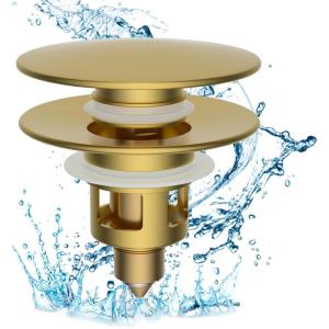 imageHibbent All Metal 2 in 1 Bathroom Sink Stopper Universal Pop Up Drain Strainer Brass Bullet Core Push Type Sink Stopper for 1123 Basin Big Push Button Anti Clogging Drain Filter ChromeBrushed Gold